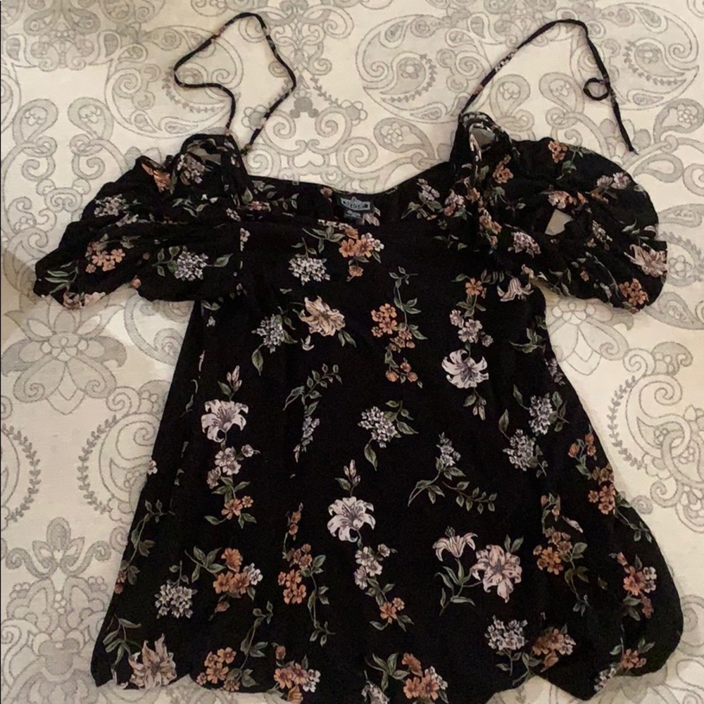 Boho Floral Black dress with cut out Shoulders